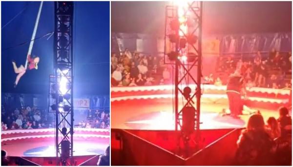 Momentul în care o acrobată cade de la înălțime, la un circ din Satu Mare. Un spectator a filmat scena dramatică