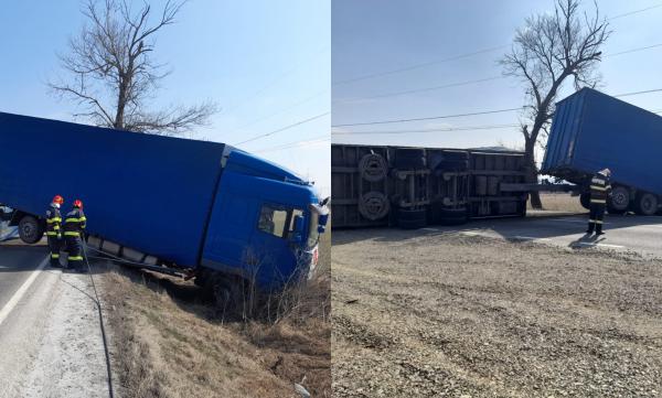 Un TIR care transporta ajutoare pentru refugiaţii ucraineni s-a răsturnat pe un drum din Iaşi. Un al doilea s-a împotmolit