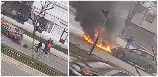 O motocicletă a luat foc după un accident cumplit în Craiova. Tănărul biker a fost aruncat în aer după impact