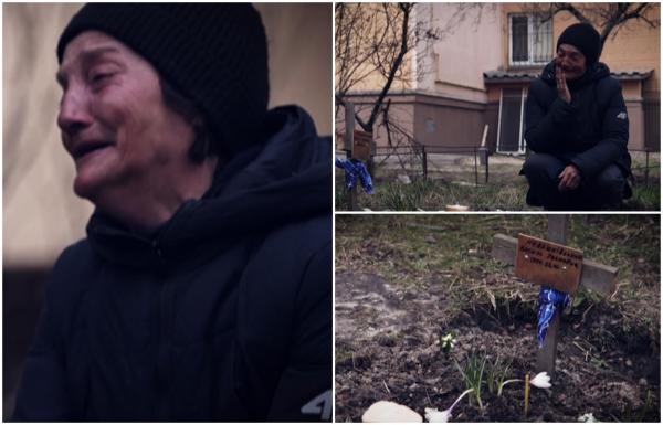 Imaginea suferinţei din Bucha. Tania şi-a îngropat soţul în curtea blocului şi de atunci stă cu orele lângă mormânt: ''Vă implor, faceţi ceva!''