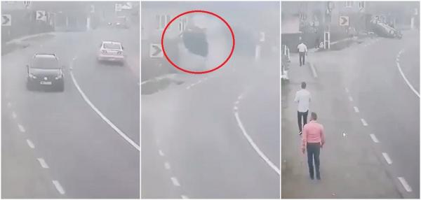 Beat criță, a ajuns cu mașina în aer după ce s-a înfipt într-un podeț. Accident spectaculos filmat la Șomcuța Mare, în Maramureș