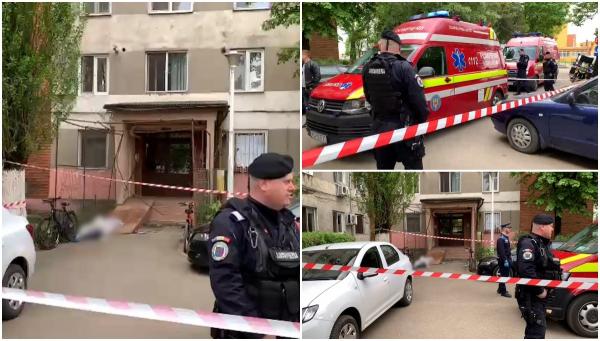 Primele imagini de la locul tragediei, unde o mamă s-a aruncat de pe bloc împreună cu cei doi copii. Saltul a fost fatal pentru toţi