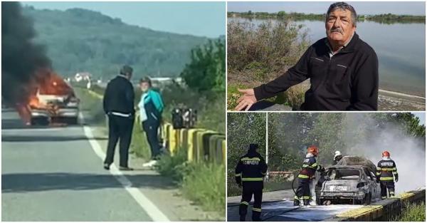 "A rămas în viteză și a plecat singură!". Un primar din Mehedinți și soția lui au sărit dintr-un Peugeot aflat în mers, după ce mașina a luat foc