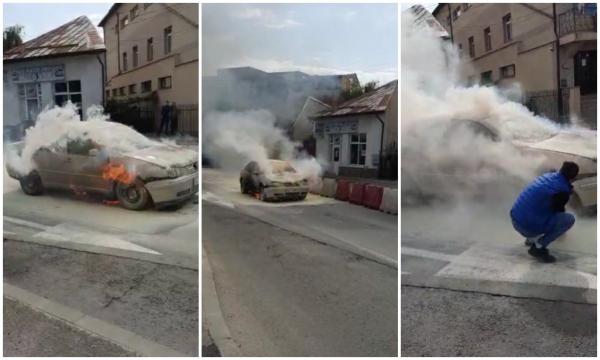 "Bubuie, nu mai ai ce să-i faci". Momentul în care o maşină este cuprinsă de flăcări în mijlocul unei străzi din Târgu Jiu