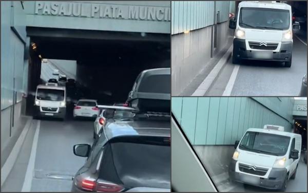 "Uitați-vă, bă, puțin la ăsta! Bă, unde te duci, bă, paguba dracu' ce ești!" Șoferul unei dube, surprins pe contrasens în Pasajul Muncii din București