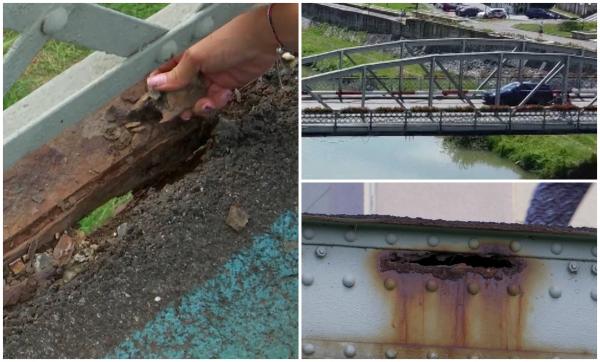 Faimosul Pod de Fier din Lugoj, pericol pentru trecători. Pe deasupra sunt puse flori, pe dedesubt îl sfărâmă rugina