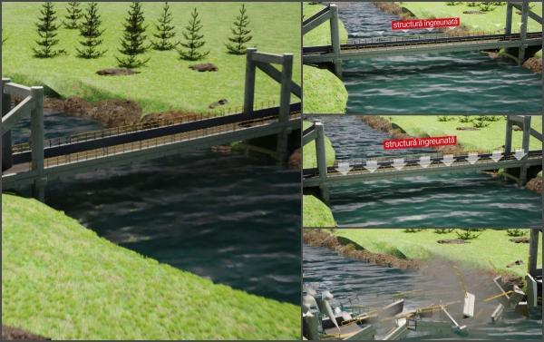 Animație grafică. Cum s-a prăbușit podul de Luţca. Autorităţile vor să dinamiteze ce a mai rămas din el