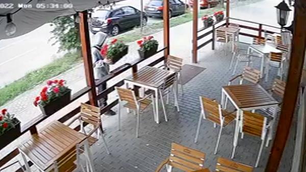 Momentul în care un tânăr fură un ghiveci cu muşcate din faţa unui restaurant din Iaşi