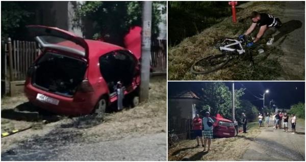 Copil pe bicicletă, spulberat de o mașină în depășire pe linia continuă. Șoferița s-a înfipt apoi cu Golful într-un gard, la zeci de metri distanță