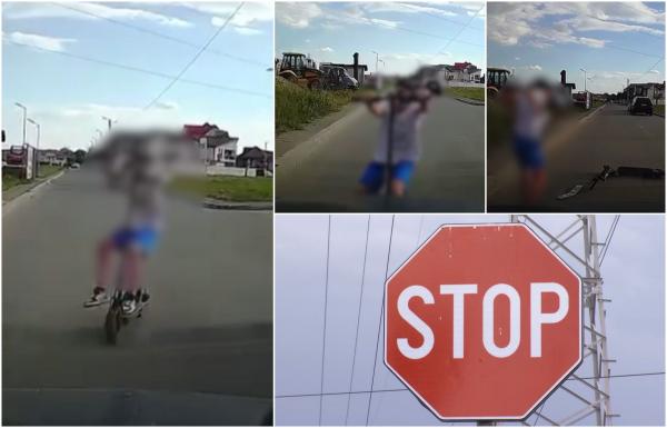 Momentul în care un băiat de 12 ani sare cu trotineta în faţa unei maşini. Dă cu capul de capotă şi este azvârlit pe şosea, în Dobroeşti