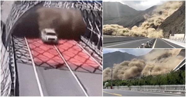 Șofer la un pas să fie înghiţit de o alunecare de teren. Camerele video au surprins imagini incredibile, într-o provincie din China