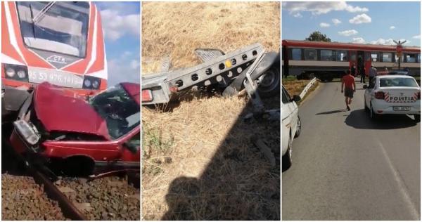 Groază pe calea ferată. Mașină strivită de tren în Satu Mare, camion blocat pe șine, în Cluj