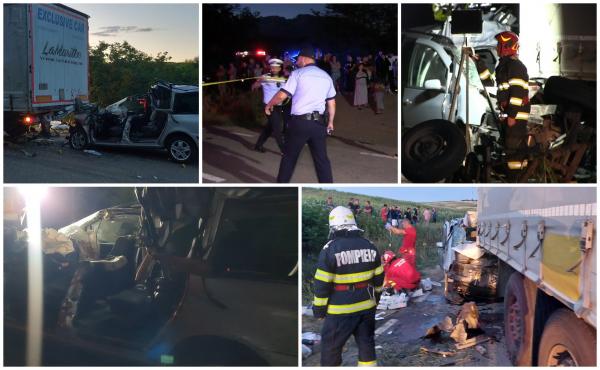 Filmul accidentului din Vaslui. 11 persoane se aflau în maşina de 7 locuri. Şoferul TIR-ului coborâse din cabină după ce a acroşat căruţa