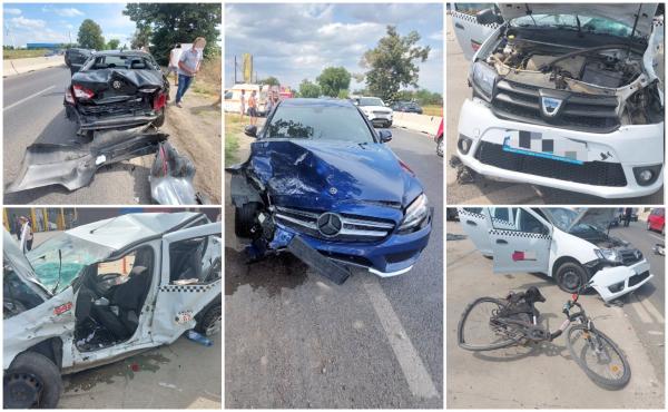 Accident în lanţ pe o stradă din Galaţi. Un şofer cu alcoolemie de 1,14 a intrat într-un taxi. Un biciclist, în stare gravă la spital