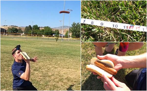 Record inedit: Cum a reușit un american să prindă într-o chiflă un crenvurst aruncat de la peste 50 de metri distanță