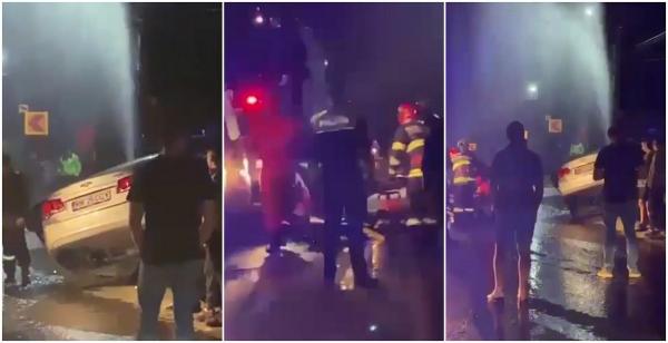 Un tânăr s-a înfipt cu mașina într-un hidrant, la Vișeu de Sus. Apa a țășnit mai ceva ca dintr-o fântână arteziană