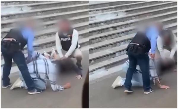 Tânăr îngenuncheat, lovit de un poliţist în uniformă, în gara din Băile Tuşnad. Agentul este cercetat disciplinar
