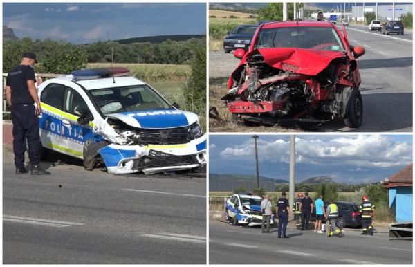 Maşini făcute praf după ce autospeciala de poliţie a "zburat" pe contrasens, lovită de un şofer neatent. Trei răniţi au ajuns la spital