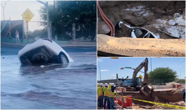 Clipe de teroare pentru o femeie, după ce maşina i-a fost înghiţită de ape. Şoseaua s-a surpat din cauza unei conducte sparte, în Texas