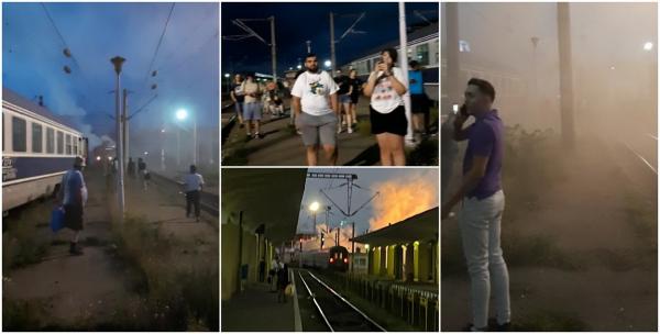 "Am tăbărât cu stingătoarele şi înăuntru şi pe jos". Groază pentru zeci de călători, după ce locomotiva unui tren a luat foc în gara Ploieşti Sud