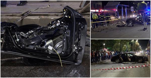 Șofer mort într-un Mercedes făcut praf, pe Șoseaua Olteniței. Bucăți din bolid au zburat la zeci de metri distanță, inclusiv pe terasa unui restaurant