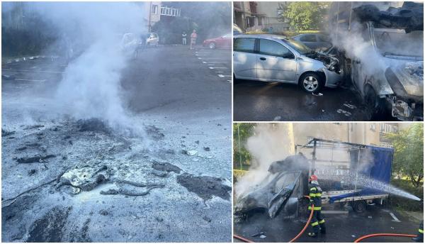 "Focu-n sus era cât pomii. A luat la rând ce a întâlnit în cale". O furgonetă în flăcări a făcut prăpăd pe o stradă din Brașov