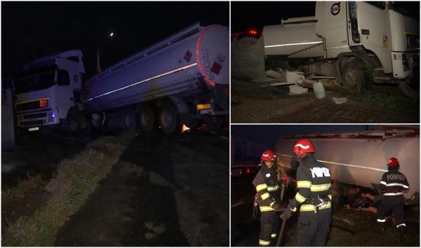 Scurgeri de carburant pe şosea, după ce o cisternă condusă de un ucrainean a derapat și a intrat în gardul unei case, pe DN 85