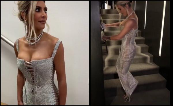 Kim Kardashin, rochia şi problema. Momentul în care vedeta se chinuie să urce scările, din cauza vestimentaţiei