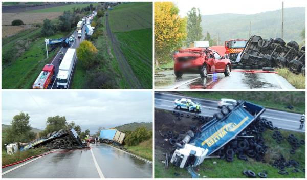 Un şofer a fost la un pas de tragedie pe un drum din Mureş. Un TIR plin cu cauciucuri s-a răsturnat pe şosea în faţa maşinii sale