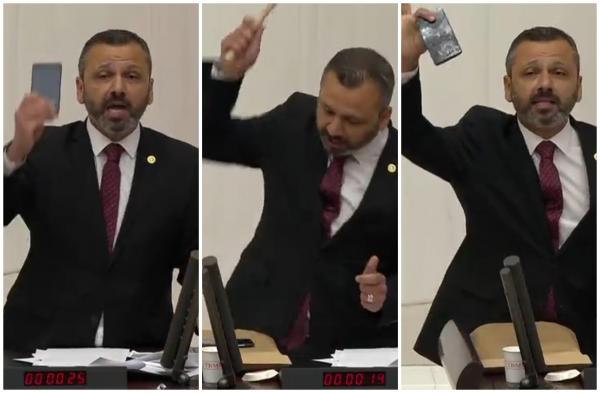 Un deputat turc şi-a distrus telefonul cu ciocanul, în semn de protest, în Parlamentul de la Ankara