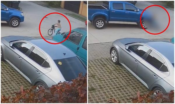 Momentul în care un copil de 6 ani sare cu bicicleta în faţa unei maşini, pe o stradă din Timişoara. Şoferul a plecat de la locul accidentului