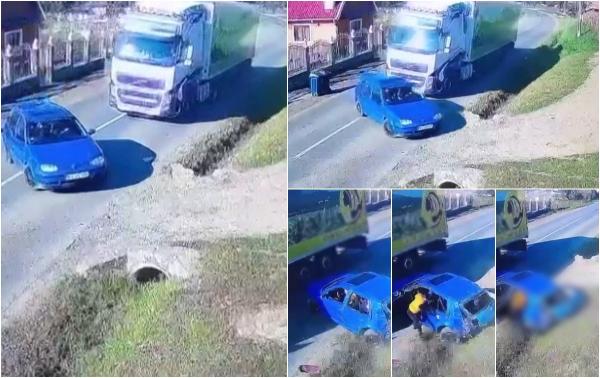 Momentul când o maşină în care se aflau 5 persoane, printre care şi doi copii, este lovită în plin de un TIR. Şoferul camionului nu a mai putut evita impactul
