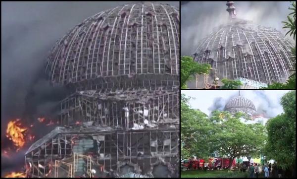 Marea Moschee din capitala Indoneziei, cuprinsă de un incendiu devastator, în timpul lucrărilor de renovare. Momentul când cupola se prăbuşeşte
