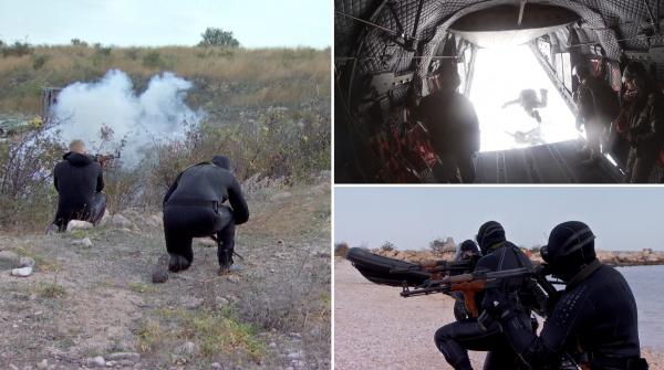 Exercițiu militar pentru respingerea inamicilor care atacă ţărmul Mării Negre. Participă trupele speciale ale Marinei