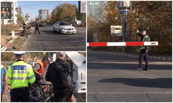 O barieră din nordul Bucureştiului, defectată de şoferii care au forţat trecerea. Un electrician a venit pe bicicletă să rezolve problema