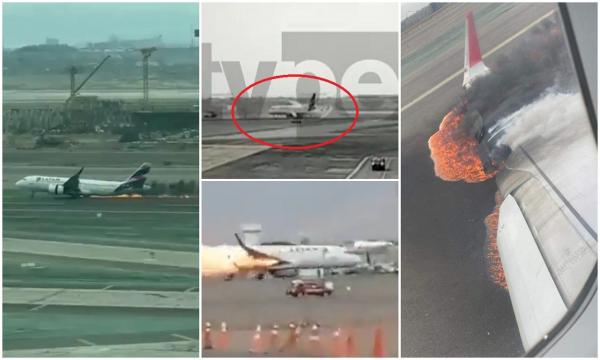 Momentul în care un avion ia foc după ce spulberă o mașină de pompieri, pe pista unui aeroport din Peru. Doi salvatori au murit