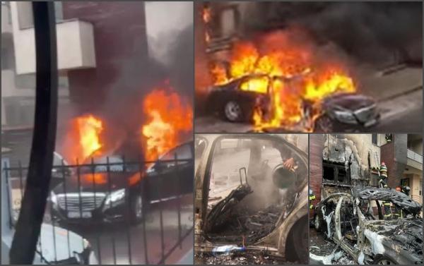 "Ce se întâmplă? Să cheme cineva pompierii! Îmi e frică!" Momentul când un Mercedes parcat în Cartierul Francez este cuprins de flăcări