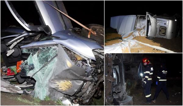 Scene de coşmar pe DN 7, la Vinţu de Jos. Doi oameni au murit pe loc, după ce maşina în care se aflau a fost spulberată de un TIR încărcat cu cereale