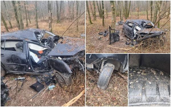 Trei tineri au ajuns la spital, după ce au zburat de pe şosea şi au lovit mai mulţi copaci, în Târgu Jiu. Maşina cu cauciuri cu ţinte s-a făcut praf