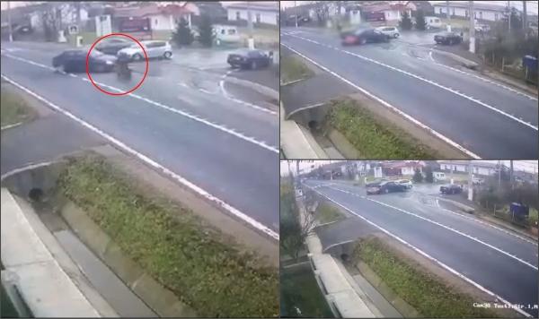 Momentul când un motociclist este izbit în plin de un șofer de 27 de ani, în Baia Mare. Bărbatul de 41 de ani a zburat câțiva metri în urma impactului