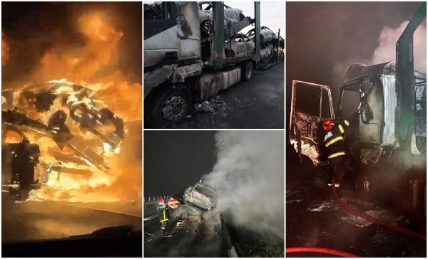 Un TIR încărcat cu 8 mașini s-a făcut scrum pe autostrada A1, sensul spre Nadlac. Camionul a luat foc în mers