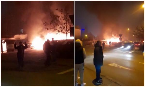 Dezastru în prag de Sărbători. Opt maşini s-au făcut scrum în Craiova, după ce un autoturism a izbucnit în flăcări. Şoferul a apucat doar să se salveze