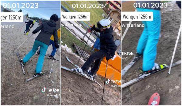 Imagini virale cu schiorii care merg prin mocirlă, pe o pârtie din Elveția. "Mai bine mergi cu bicicleta"
