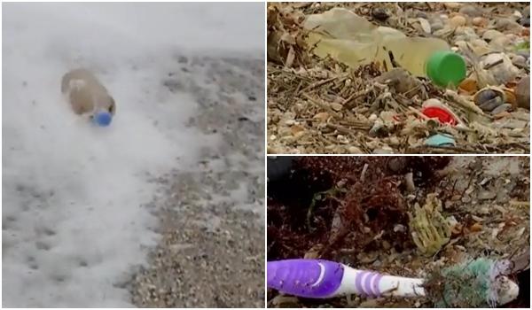 Marea Neagră "se răzbună". În loc de scoici, valurile aruncă pe plajă papuci, periuțe de dinți și alte gunoaie lăsate în urmă de turiști