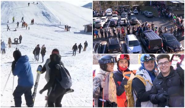 Avalanșă de turiști și nervi întinși la maximum, la munte, în această minivacanță. Copiii au profitat de fiecare petic de zăpadă