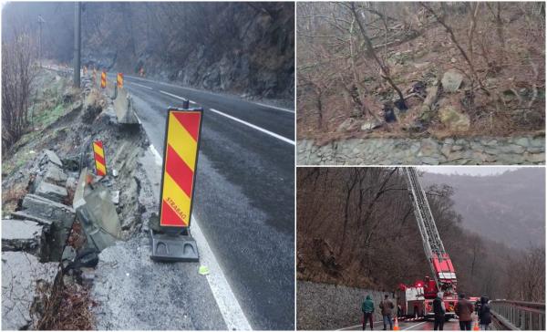 Pericol pe Valea Oltului. Mai mulţi copaci s-au rupt din rădăcini și au căzut pe şosea, o porţiune din drum s-a surpat