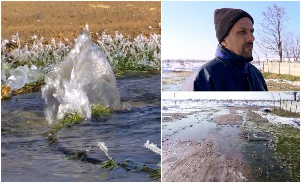 ''Canalizare nu-i, doar băgate ţevile aşa!'' Coşmarul trăit de localnicii din Albeni: Apa ţâşneşte prin gurile de canal şi se revarsă pe drum