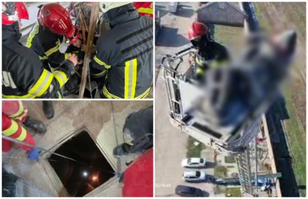 A căzut 14 metri în gol, într-un siloz de cereale din Arad, dar o "minune" i-a salvat viaţa. Bărbatul a fost scos cu greu, dar conştient