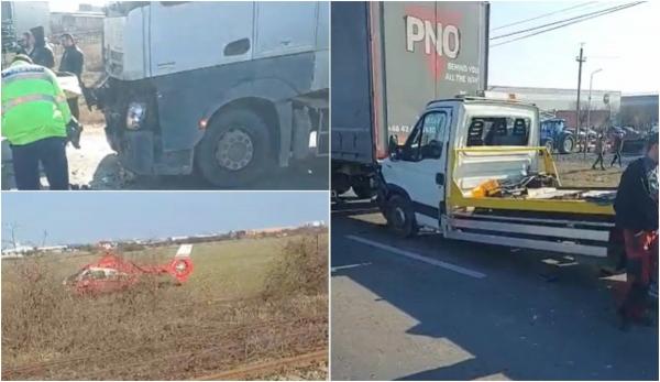 Accident violent pe Centura Bucureşti: două TIR-uri și o camionetă s-au ciocnit. Unul dintre şoferi, dus la spital cu elicopterul SMURD