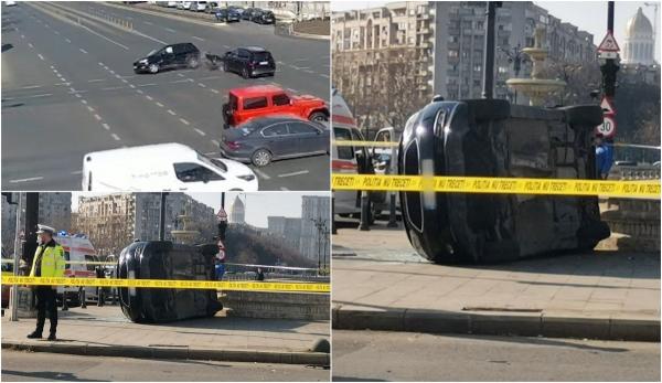 Accident grav în Capitală. Tânără de 23 de ani, rănită după ce o mașină a intrat într-un alt autoturism și s-a răsturnat pe trotuar